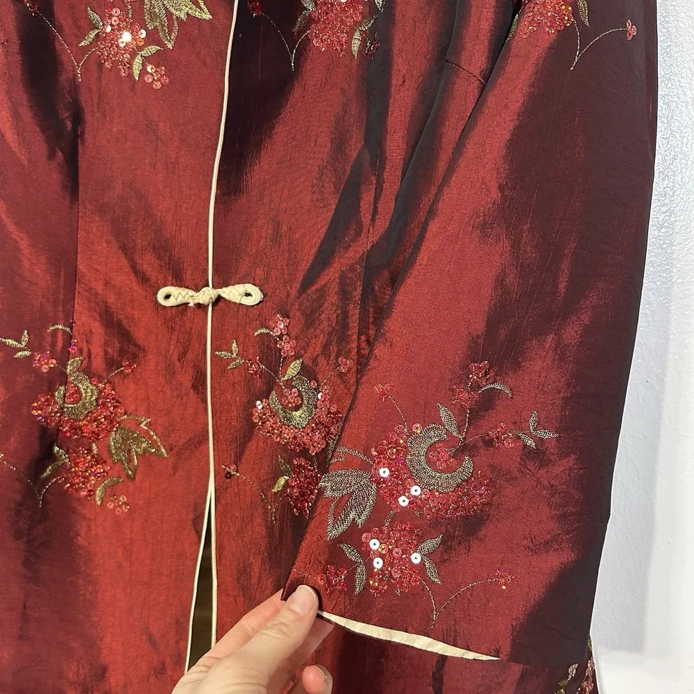 Vintage Asian‎ Kimono Jacket Chinese Red Silk Floral Sequin Embroidered Womens M